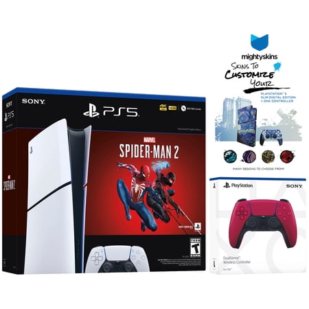 Sony PlayStation 5 Slim Digital Marvel’s Spider-Man 2 Bundle with Extra Cosmic Red Controller and MightySkins Decal Voucher