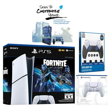 Sony PlayStation 5 Slim Digital PS5 Fortnite Cobalt Star with Extra Chroma Pearl Controller, FPS Grip Kit and MightySkins Voucher Bundle