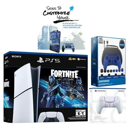 Sony PlayStation 5 Slim Digital PS5 Fortnite Cobalt Star with Extra Chroma Pearl Controller, Pro Gamer Starter Pack and MightySkins Voucher Bundle