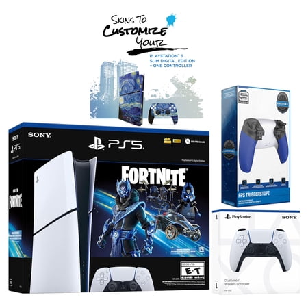Sony PlayStation 5 Slim Digital PS5 Fortnite Cobalt Star with Extra White Controller, Trigger Stop Kit and MightySkins Voucher Bundle