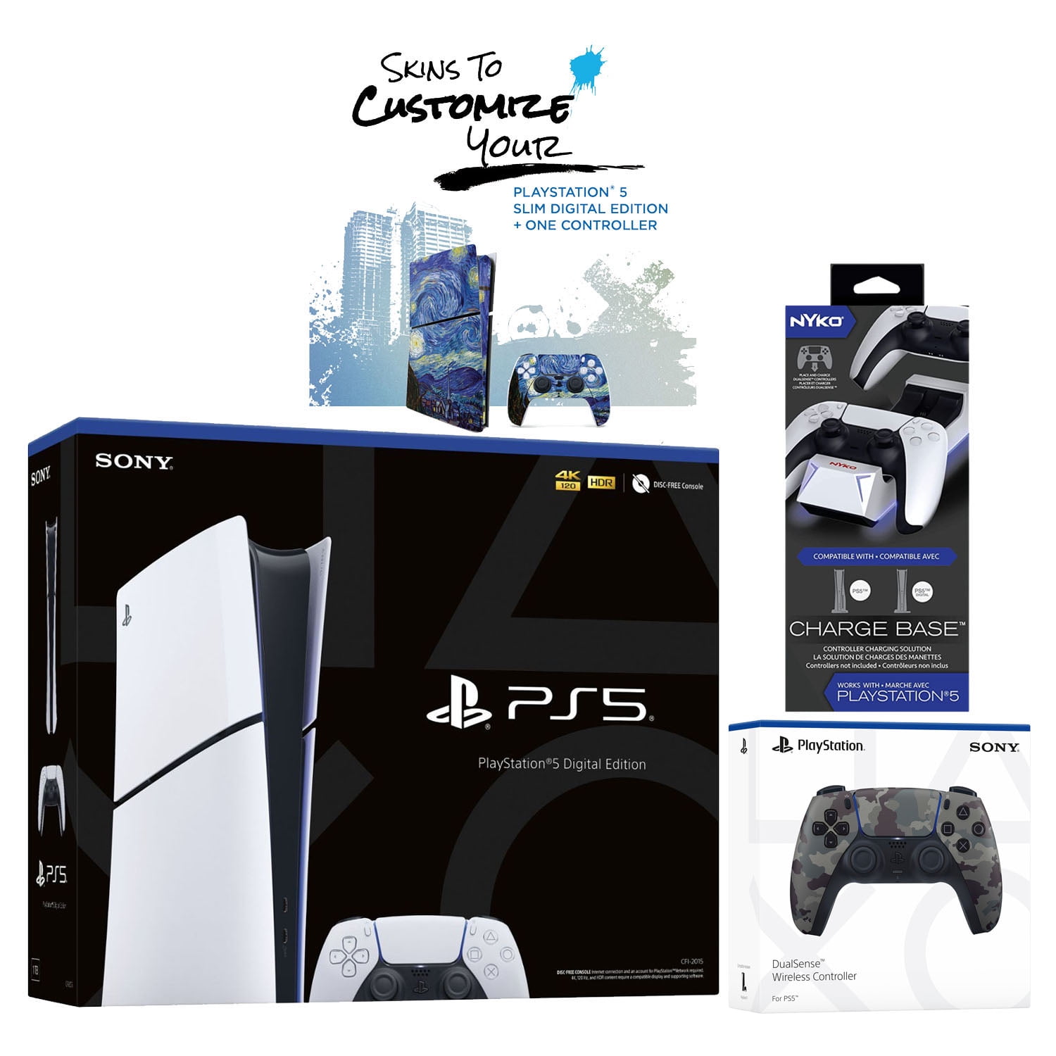 Sony PlayStation 5 Slim Digital PS5 with Extra Gray Camo Controller, Dual Charging Dock and MightySkins Voucher Bundle