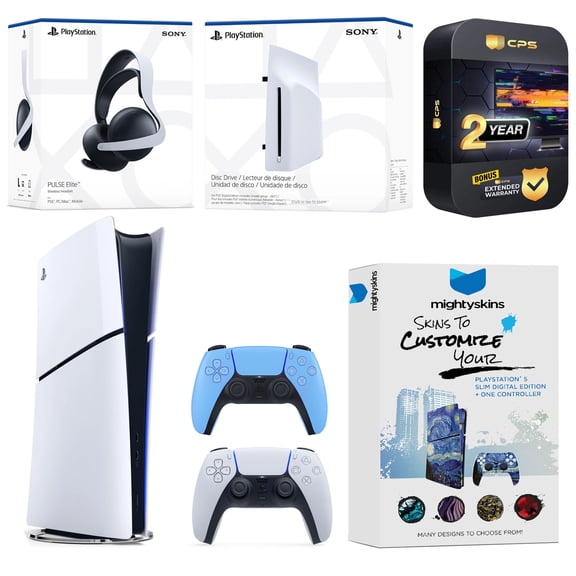 Sony PlayStation 5 Slim Digital Bundle with Disc Drive, Extra Controller, Pulse Elite Headset, MightySkins Voucher and 2 Year Extended Warranty - Starlight Blue