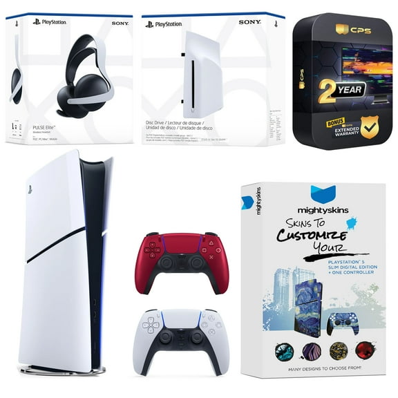 Sony PlayStation 5 Slim Digital Bundle with Disc Drive, Extra Controller, Pulse Elite Headset, MightySkins Voucher and 2 Year Extended Warranty - Volcanic Red