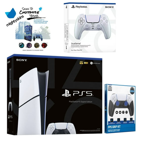 Sony PlayStation 5 Slim Digital with Extra Chroma Pearl Controller, FPS Grip Kit and MightySkins Decal Voucher