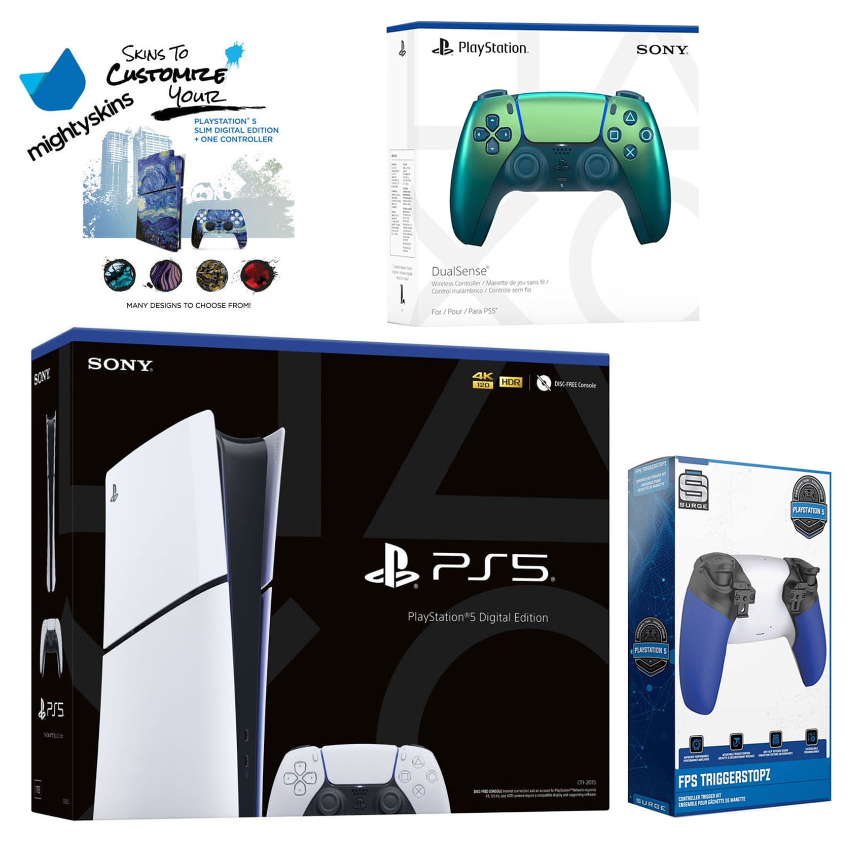 Sony PlayStation 5 Slim Digital with Extra Chroma Teal Controller, Trigger Stop Kit and MightySkins Decal Voucher