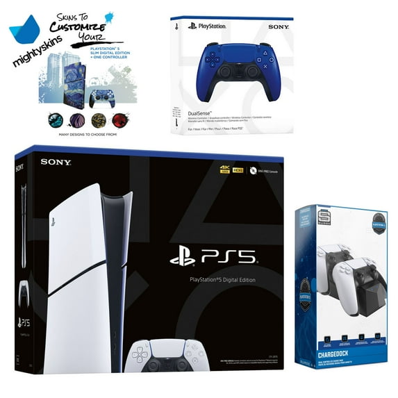 Sony PlayStation 5 Slim Digital Bundle with Extra Cobalt Blue Controller, Dual Charging Dock and MightySkins Decal Voucher