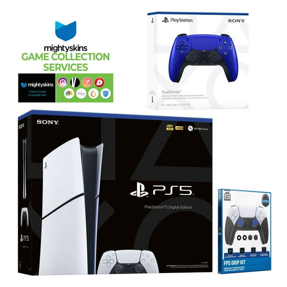 Sony PlayStation 5 Slim Digital with Extra Cobalt Blue Controller, FPS Grip Kit and MightySkins Game Pack Code