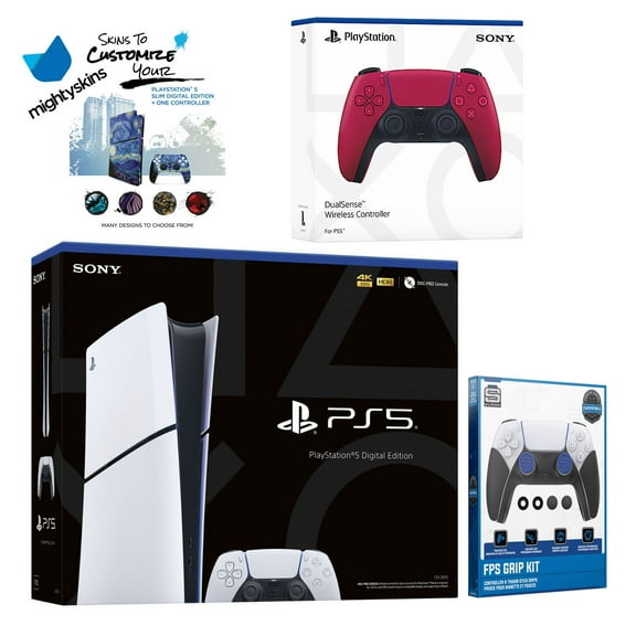 Sony PlayStation 5 Slim Digital with Extra Cosmic Red Controller, FPS Grip Kit and MightySkins Decal Voucher
