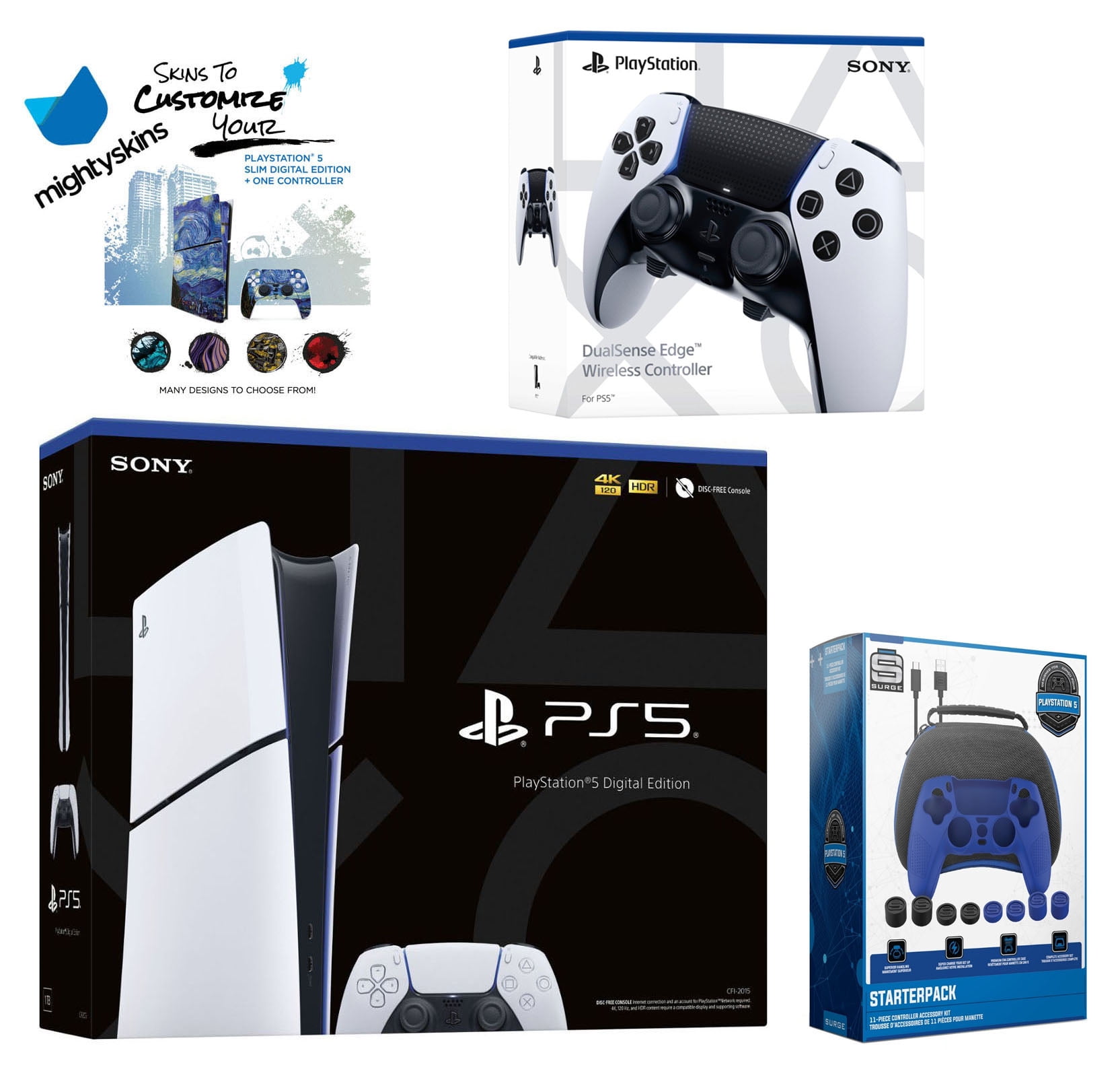 Sony PlayStation 5 Slim Digital with Extra Edge Controller, Pro Gamer Starter Kit and MightySkins Decal Voucher