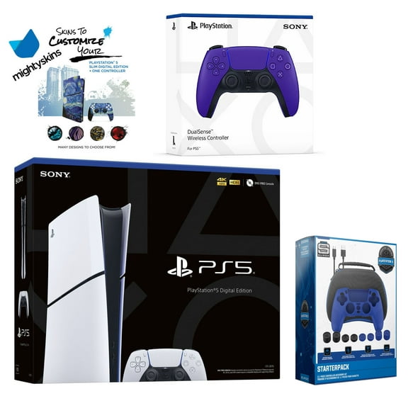 Sony PlayStation 5 Slim Digital with Extra Galactic Purple Controller, Pro Gamer Starter Kit and MightySkins Decal Voucher