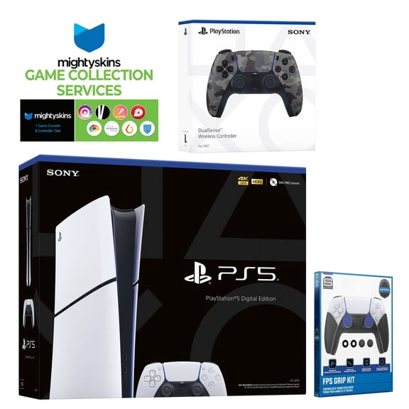 Sony PlayStation 5 Slim Digital with Extra Gray Camo Controller, FPS Grip Kit and MightySkins Game Pack Code