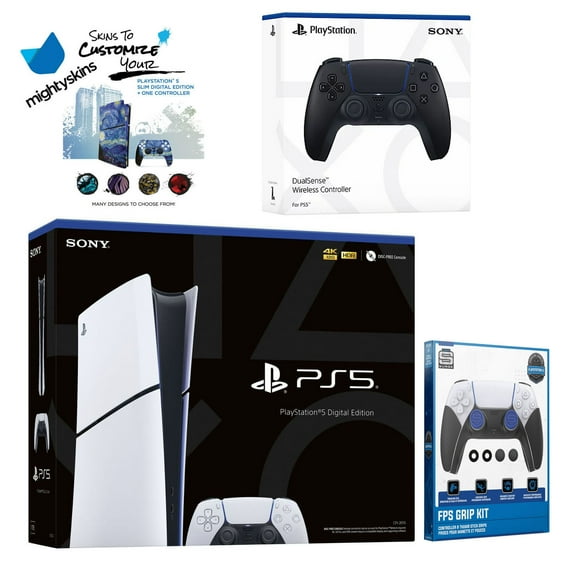Sony PlayStation 5 Slim Digital with Extra Midnight Black Controller, FPS Grip Kit and MightySkins Decal Voucher