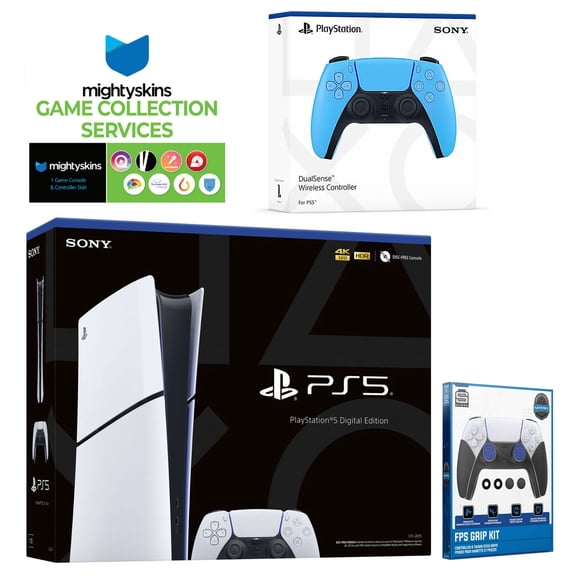 Sony PlayStation 5 Slim Digital with Extra Starlight Blue Controller, FPS Grip Kit and MightySkins Game Pack Code