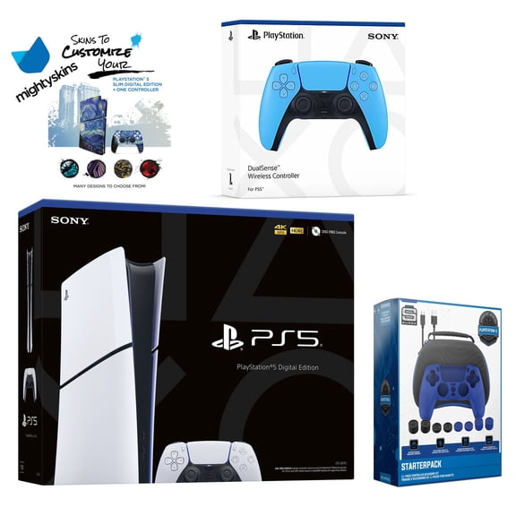 Sony PlayStation 5 Slim Digital with Extra Starlight Blue Controller, Pro Gamer Starter Kit and MightySkins Decal Voucher