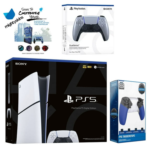Sony PlayStation 5 Slim Digital with Extra Sterling Silver Controller, Trigger Stop Kit and MightySkins Decal Voucher