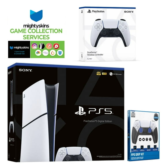 Sony PlayStation 5 Slim Digital with Extra White Controller, FPS Grip Kit and MightySkins Game Pack Code