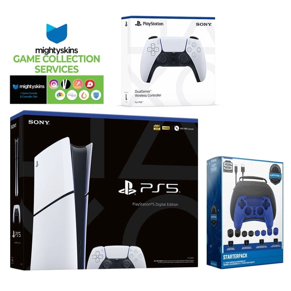 Sony PlayStation 5 Slim Digital with Extra White Controller, Pro Gamer Starter Kit and MightySkins Game Pack Code