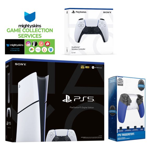 Sony PlayStation 5 Slim Digital with Extra White Controller, Trigger Stop Kit and MightySkins Game Pack Code