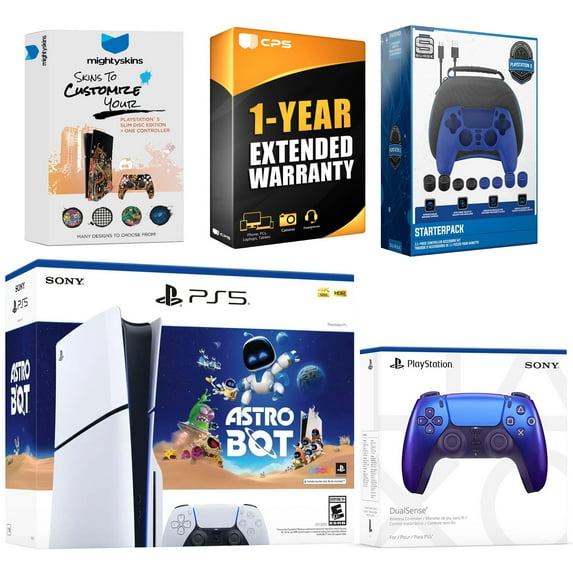 Sony PlayStation 5 Slim Disc Astro Bot Bundle with Extra Chroma Indigo Controller, Pro Gamer Kit, MightySkins Code and 1 Year Extended Warranty