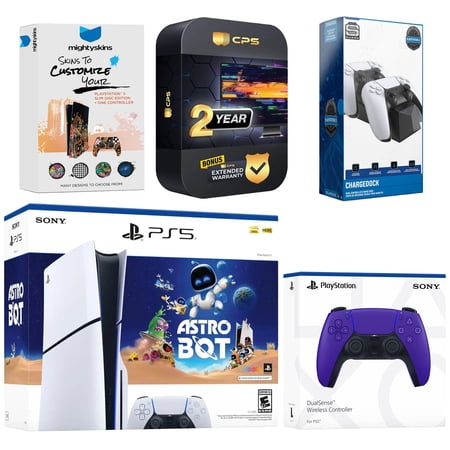 Sony PlayStation 5 Slim Disc Astro Bot Bundle with Extra Galactic Purple Controller, Dual Charge Dock, MightySkins Code and 2 Year Extended Warranty