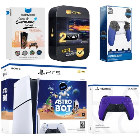 Sony PlayStation 5 Slim Disc Astro Bot Bundle with Extra Galactic Purple Controller, Trigger Stop Kit, MightySkins Code and 2 Year Extended Warranty