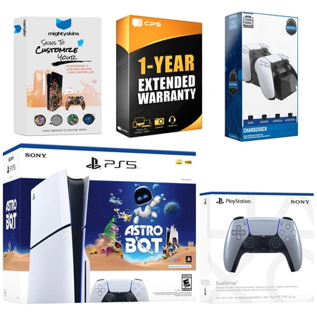 Sony PlayStation 5 Slim Disc Astro Bot Bundle with Extra Sterling Silver Controller, Dual Charge Dock, MightySkins Code and 1 Year Extended Warranty