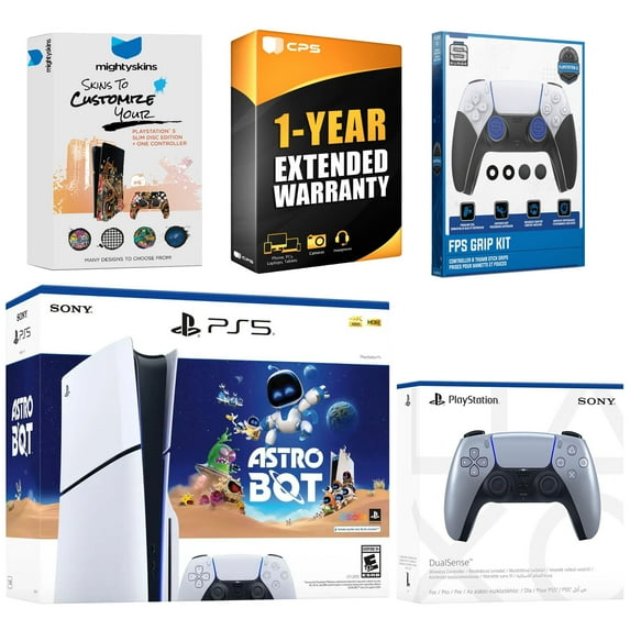 Sony PlayStation 5 Slim Disc Astro Bot Bundle with Extra Sterling Silver Controller, FPS Grip Kit, MightySkins Code and 1 Year Extended Warranty