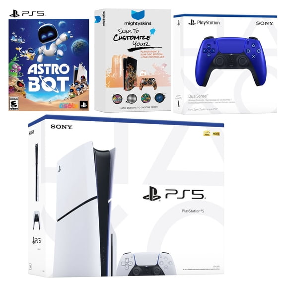 Sony PlayStation 5 Slim Disc Bundle with Astro Bot Game, MightySkins Code and Extra Controller - Cobalt Blue