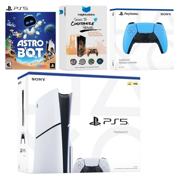 Sony PlayStation 5 Slim Disc Bundle with Astro Bot Game, MightySkins Code and Extra Controller - Starlight Blue