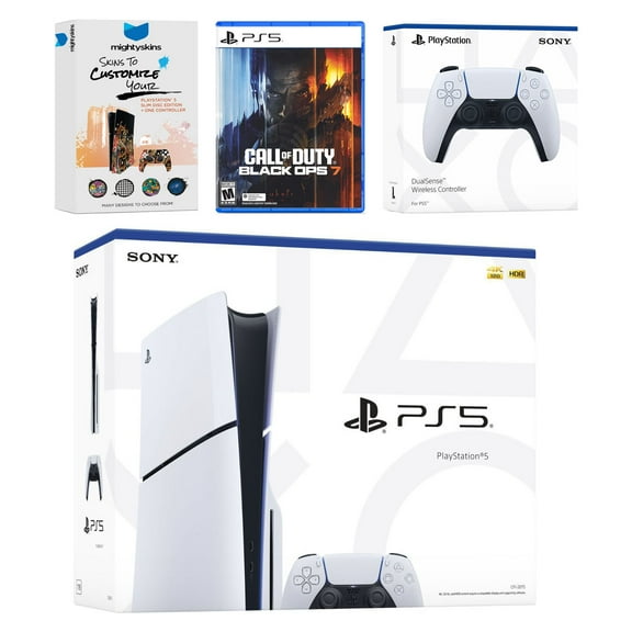 Sony PlayStation 5 Slim Disc Bundle with Call of Duty Black Ops 7 Game, MightySkins Code and Extra Controller - Glacier White