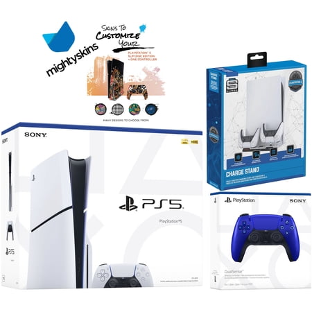 Sony PlayStation 5 Slim Disc Bundle with Extra Cobalt Blue Controller, Charging USB HUB and MightySkins Decal Voucher