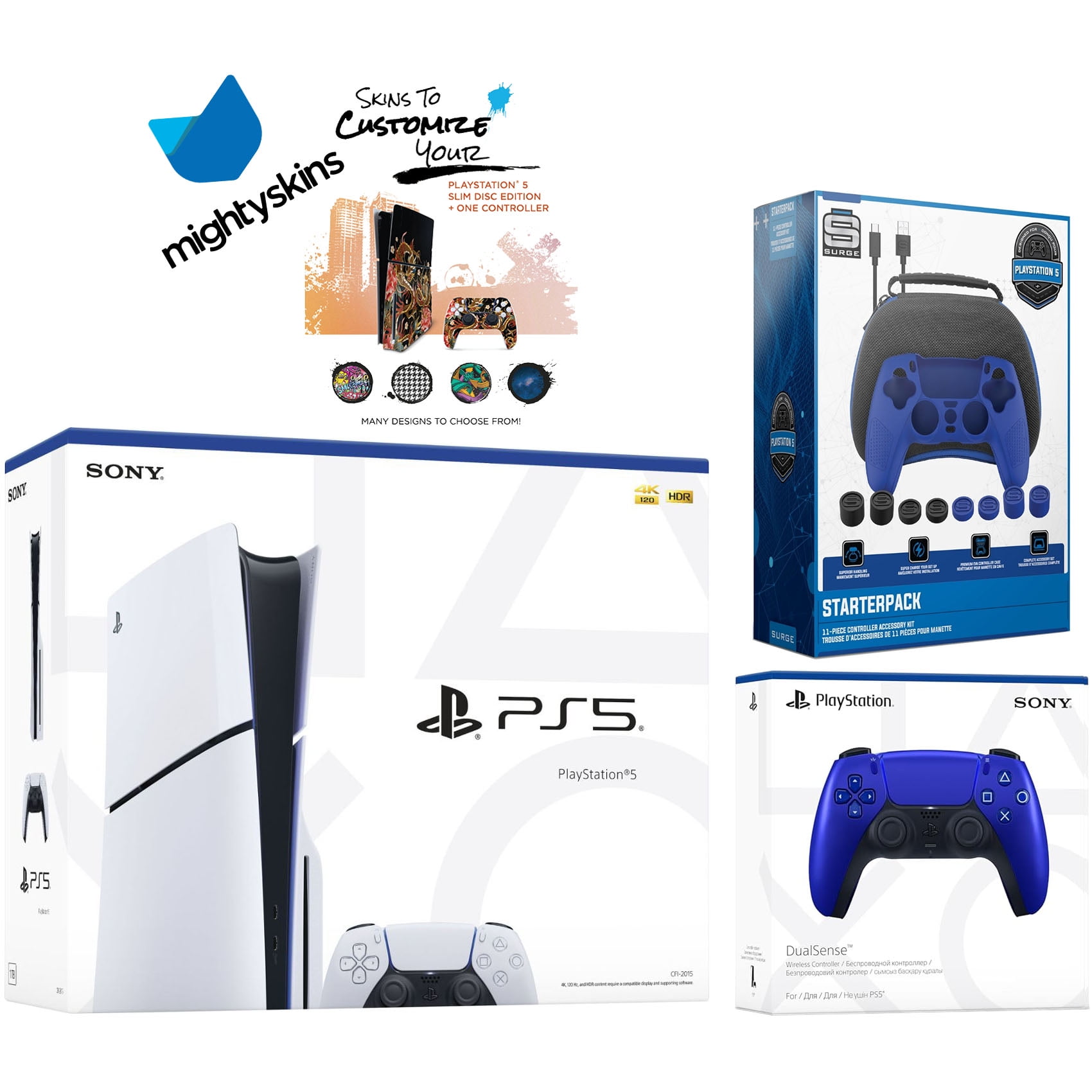 Sony PlayStation 5 Slim Disc with Extra Cobalt Blue Controller, Pro Gamer Starter Kit and MightySkins Decal Voucher