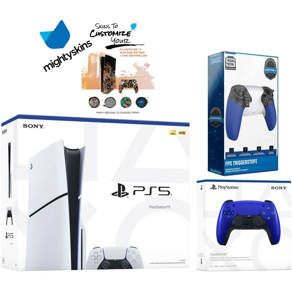 Sony PlayStation 5 Slim Disc with Extra Cobalt Blue Controller, Trigger Stop Kit and MightySkins Decal Voucher
