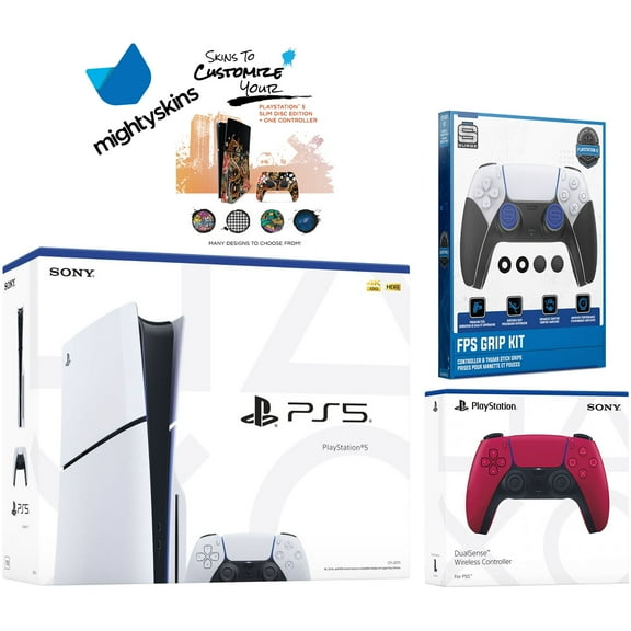 Sony PlayStation 5 Slim Disc with Extra Cosmic Red Controller, FPS Grip Kit and MightySkins Decal Voucher
