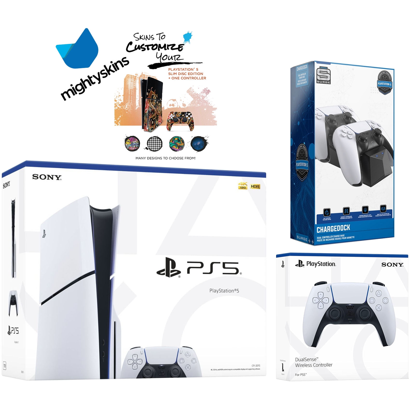 Sony PlayStation 5 Slim Disc with Extra Glacier White Controller, Dual Charging Dock and MightySkins Decal Voucher
