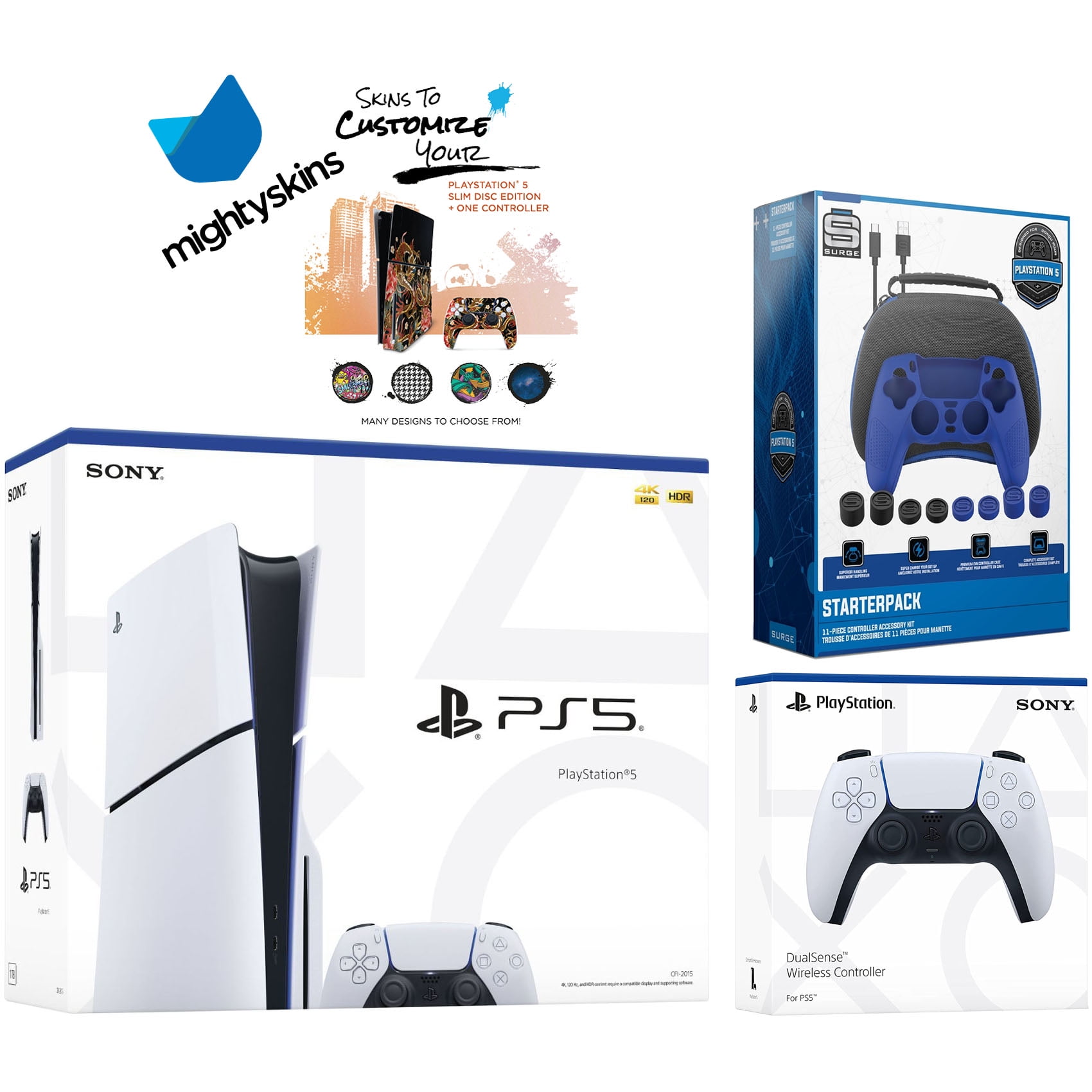 Sony PlayStation 5 Slim Disc with Extra Glacier White Controller, Pro Gamer Starter Kit and MightySkins Decal Voucher