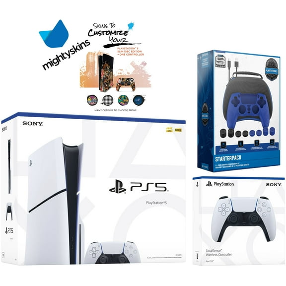 Sony PlayStation 5 Slim Disc with Extra Glacier White Controller, Pro Gamer Starter Kit and MightySkins Decal Voucher