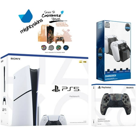 Sony PlayStation 5 Slim Disc with Extra Gray Camo Controller, Dual Charging Dock and MightySkins Decal Voucher