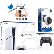 Sony PlayStation 5 Slim Disc with Extra Gray Camo Controller, Dual Charging Dock and MightySkins Decal Voucher