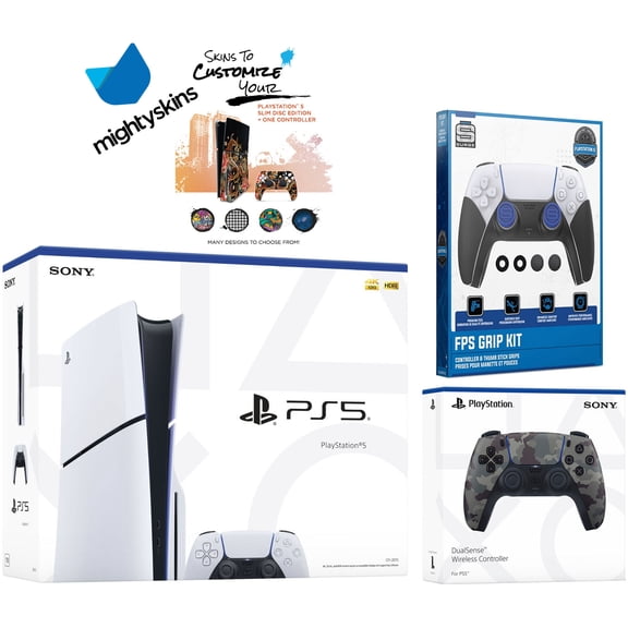 Sony PlayStation 5 Slim Disc with Extra Gray Camo Controller, FPS Grip Kit and MightySkins Decal Voucher