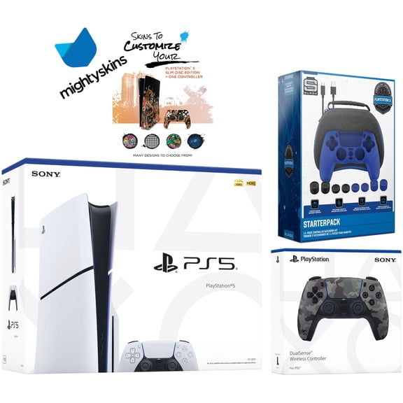 Sony PlayStation 5 Slim Disc with Extra Gray Camo Controller, Pro Gamer Starter Kit and MightySkins Decal Voucher