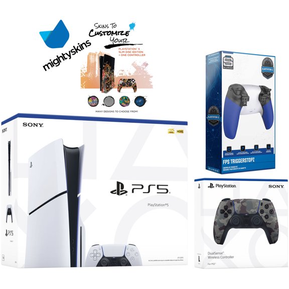 Sony PlayStation 5 Slim Disc with Extra Gray Camo Controller, Trigger Stop Kit and MightySkins Decal Voucher
