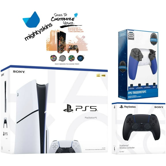 Sony PlayStation 5 Slim Disc with Extra Midnight Black Controller, Trigger Stop Kit and MightySkins Decal Voucher