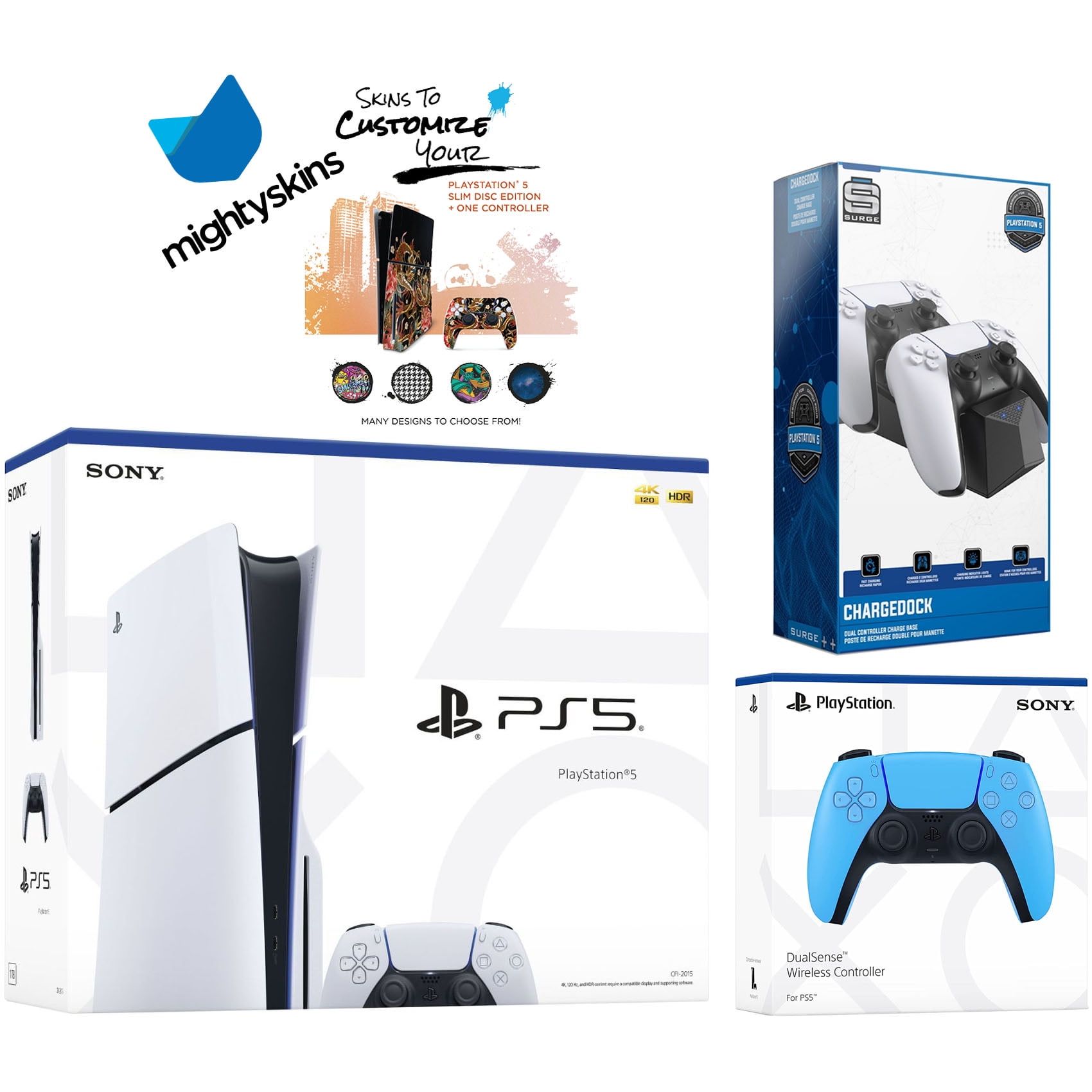 Sony PlayStation 5 Slim Disc with Extra Starlight Blue Controller, Dual Charging Dock and MightySkins Decal Voucher
