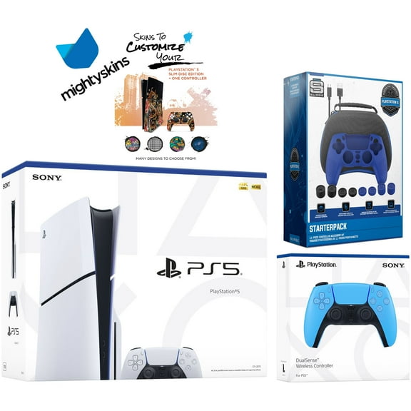 Sony PlayStation 5 Slim Disc with Extra Starlight Blue Controller, Pro Gamer Starter Kit and MightySkins Decal Voucher