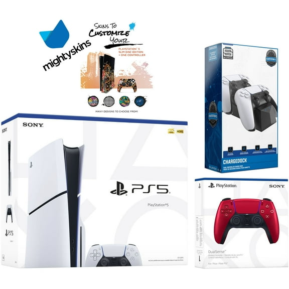 Sony PlayStation 5 Slim Disc with Extra Volcanic Red Controller, Dual Charging Dock and MightySkins Decal Voucher