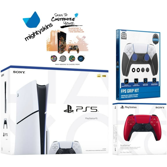 Sony PlayStation 5 Slim Disc with Extra Volcanic Red Controller, FPS Grip Kit and MightySkins Decal Voucher