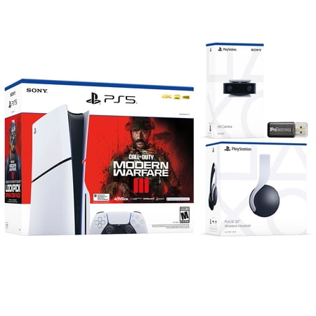 Sony PlayStation 5 Slim Disc Call of Duty Modern Warfare 3 Bundle with White Pulse 3D Wireless Gaming Headset, Streaming HD Camera and USB MicroSD Card Reader