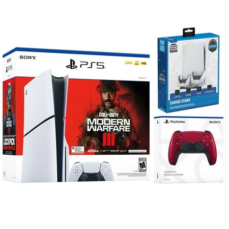 Sony PlayStation 5 Slim Disc Call of Duty Modern Warfare 3 Bundle with Extra Volcanic Red Controller and Surge USB Hub Charging Stand