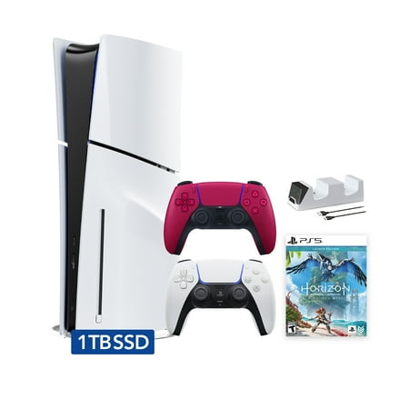Sony PlayStation 5 Slim Disc Edition with Horizon Forbidden West Bundle, White & Cosmic Red